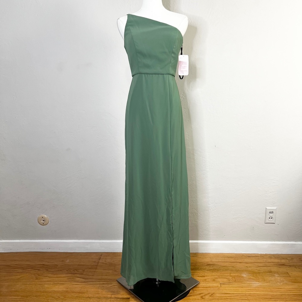 After Six One Shoulder Chiffon Bridesmaid Formal Gown Vineyard Green Size 2